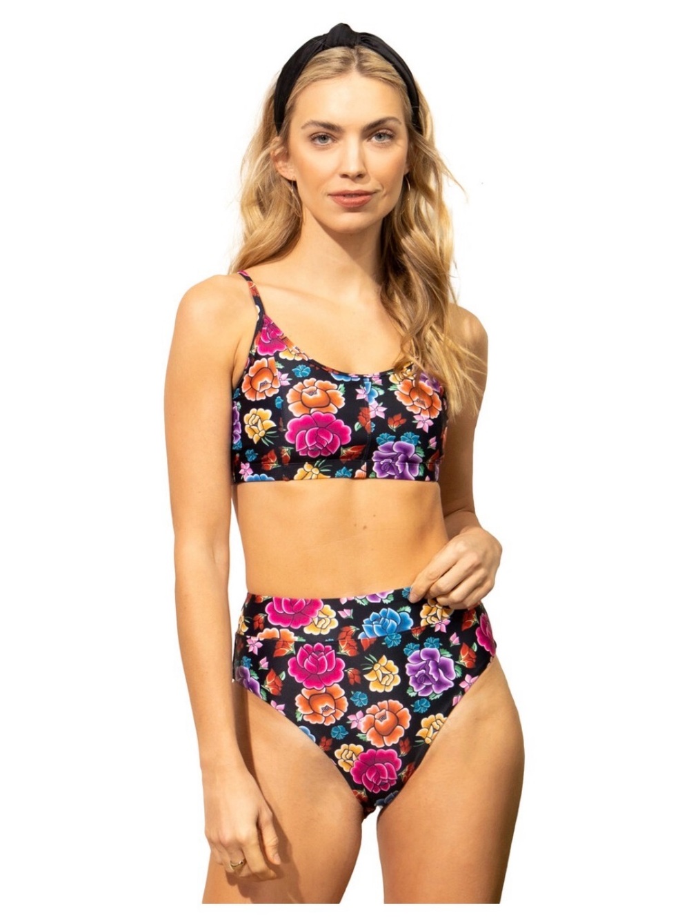 Mott50 Black Floral High-Rise Bikini with Pink, Purple & Blue Blooms